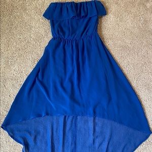 Blue ruffle high low strapless dress